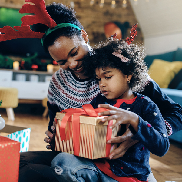 Mom and son opening gifts